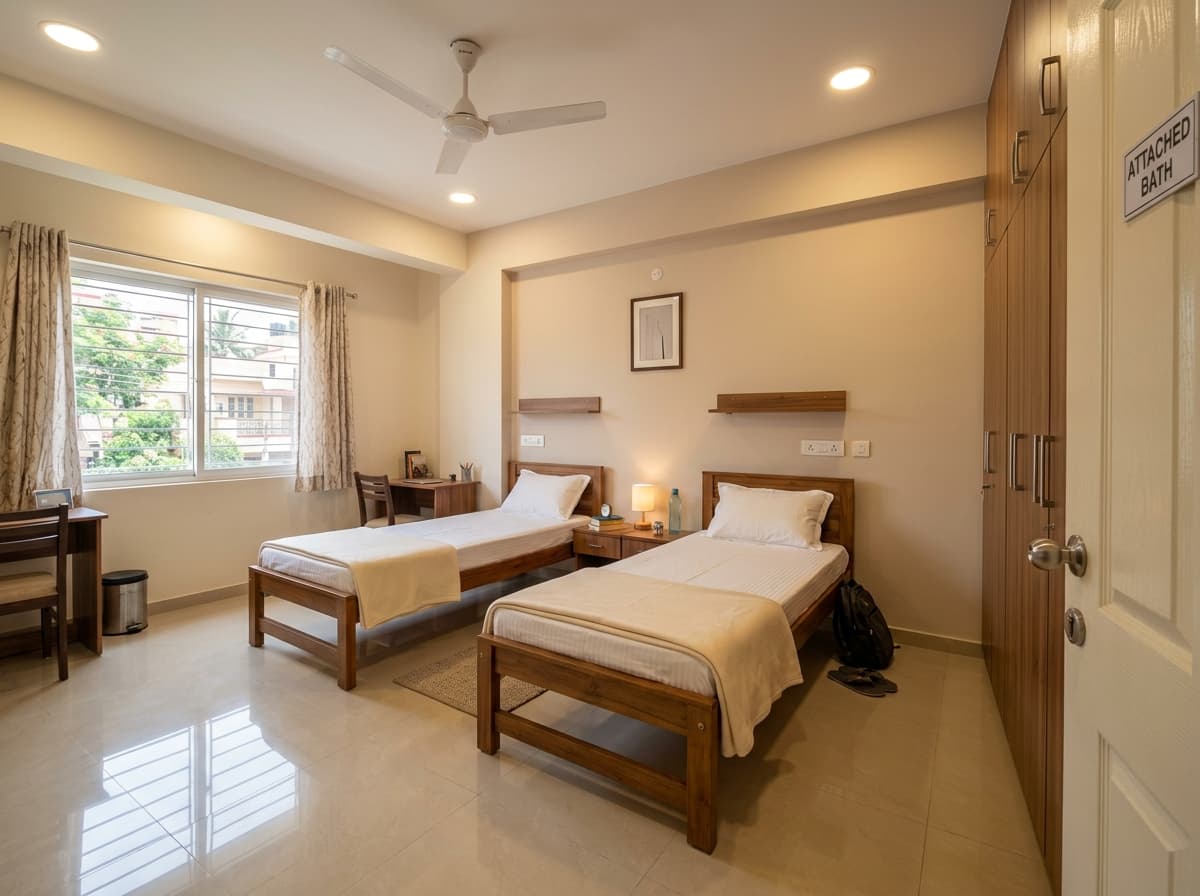 SLN Homes 2 Sharing room with 2 single beds, wooden almirahs, and attached bath in HSR Layout