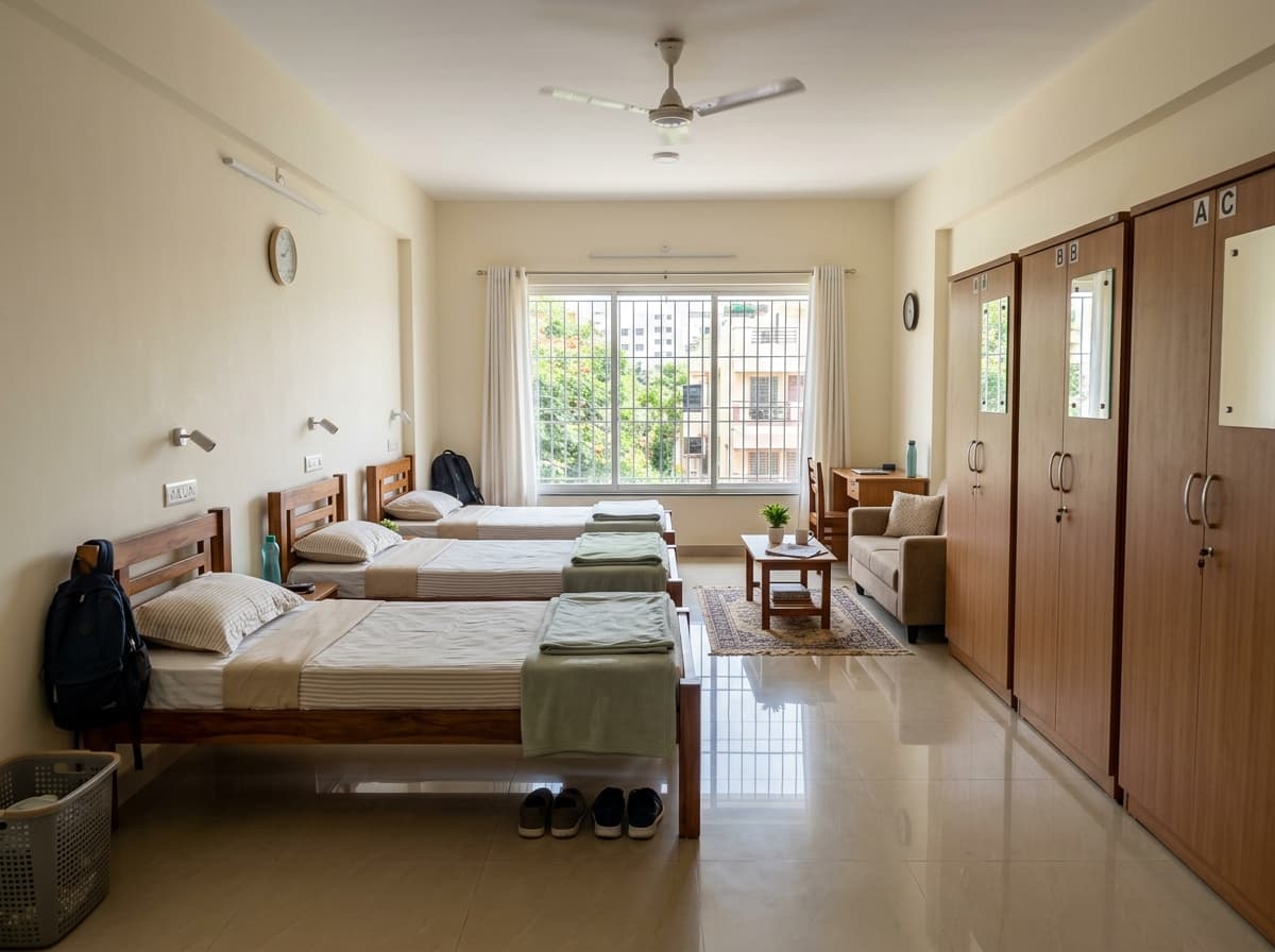 SLN Homes 3 Sharing room with 3 individual single beds and personal wardrobes in HSR Layout